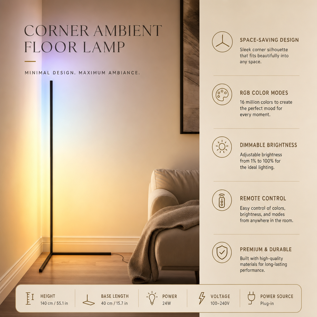 LED Minimalist Corner Floor Lamp | Multi-Color Ambient Lighting | Modern Room Decor | Dimmable Light Strip
