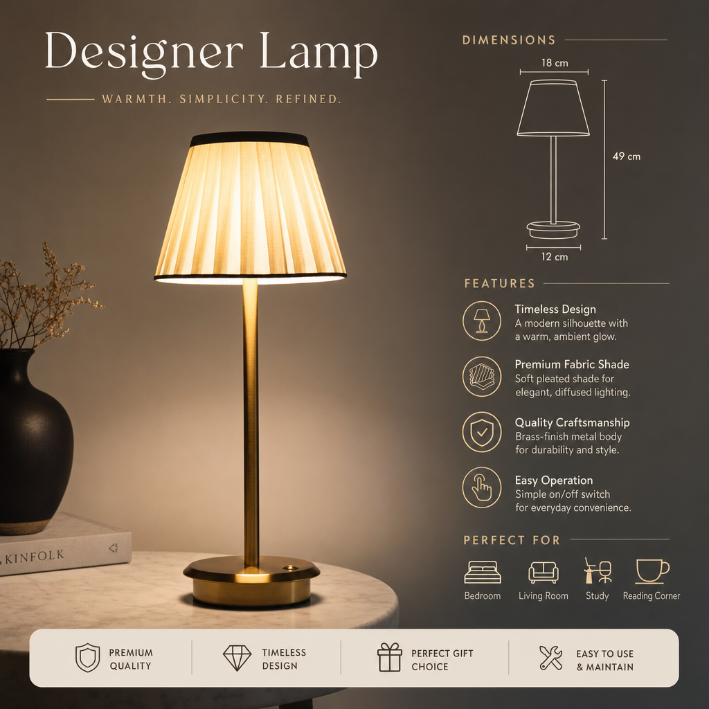 Wireless Gold Table Lamp | Dimmable Fabric Shade | Elegant No-Wire Design | 3-Level Brightness | USB Charging | Cozy Atmosphere Lighting