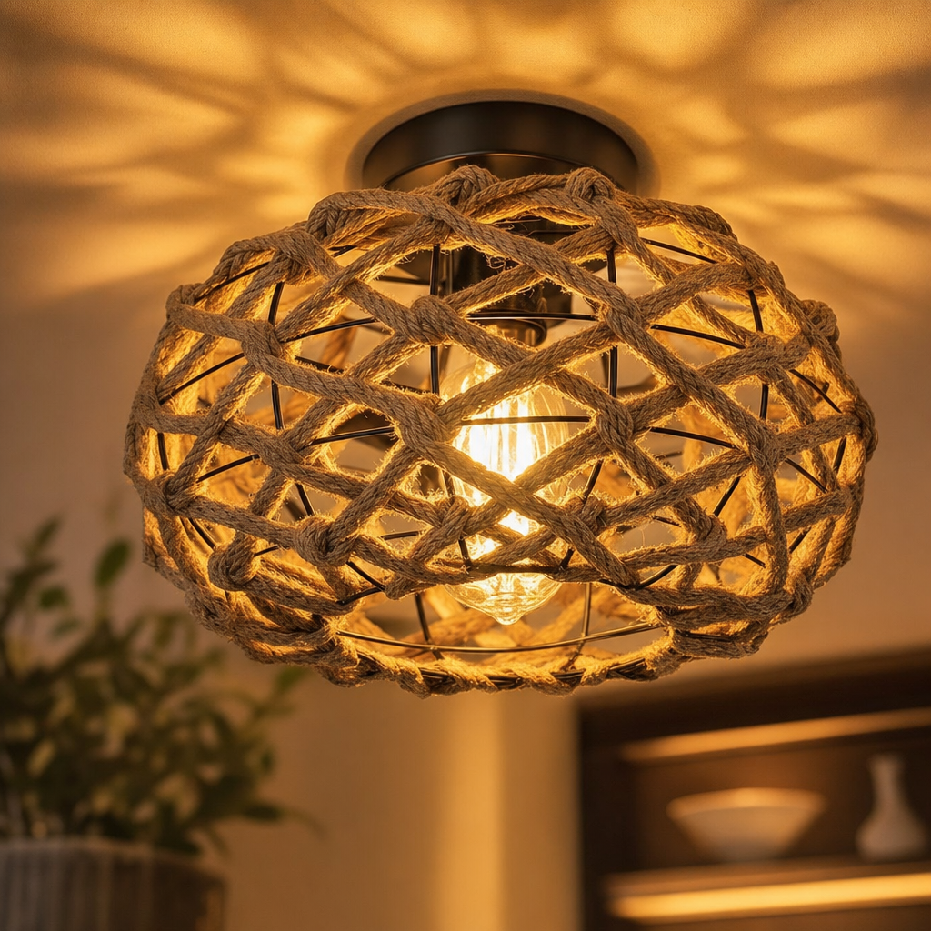 Rustic Handwoven Hemp Rope Ceiling Light | Flush Mount Bohemian Chandelier | Iron Art Decor for Bedroom, Kitchen, Corridor