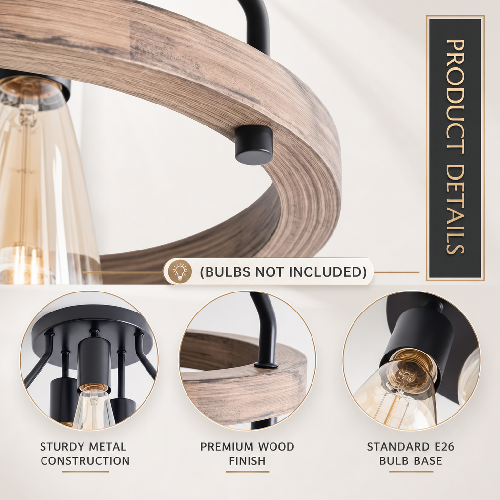 Rustic Semi-Flush Mount Ceiling Light | 3-Light Metal Fixture with E27 Base for Kitchen, Bedroom & Hallway | Installation Kit Included