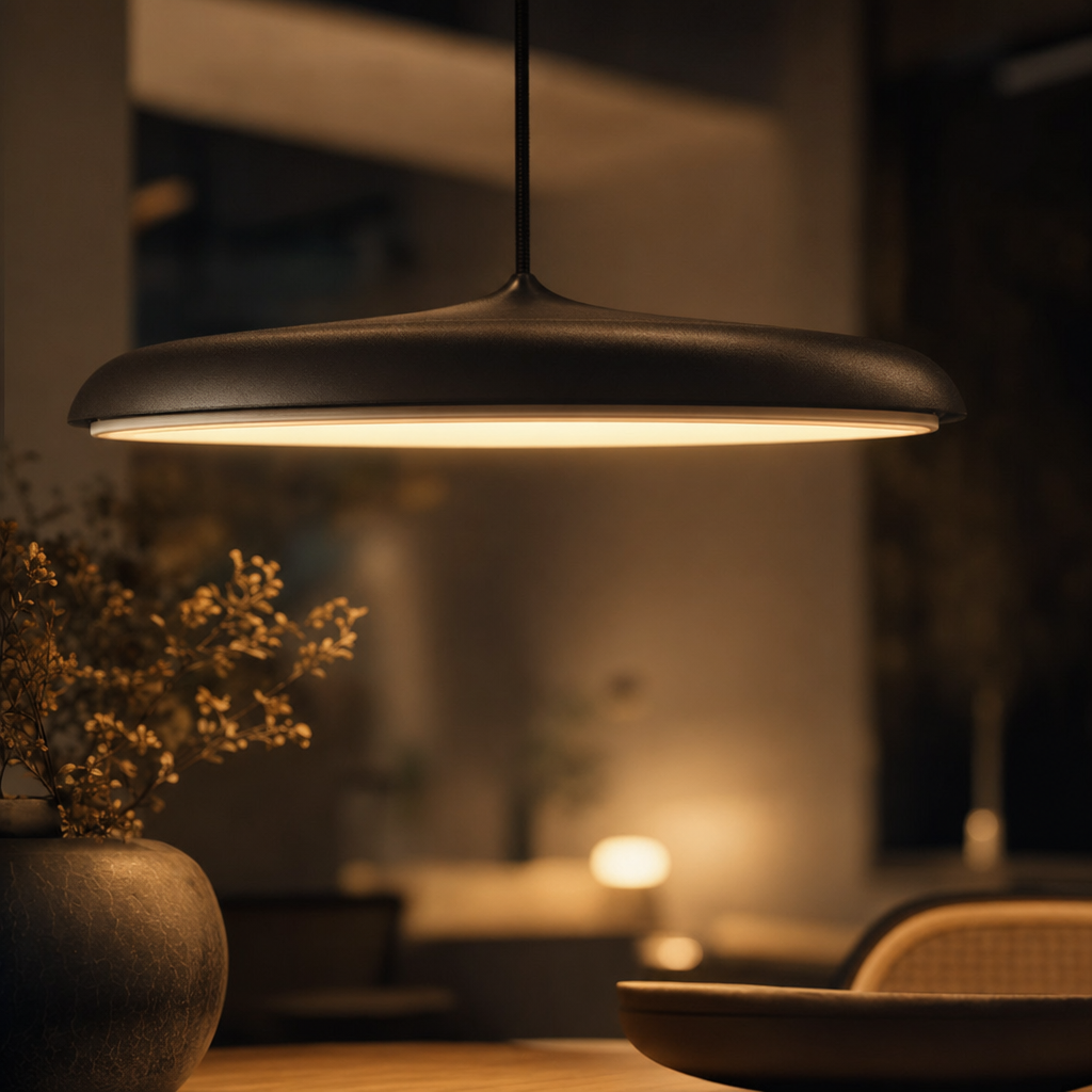 Modern LED Metal Pendant Light | Stylish Dining Room Fixture | Energy Efficient | Warm Light | Blue, Pink, Black, Gray | Round Ceiling Rose