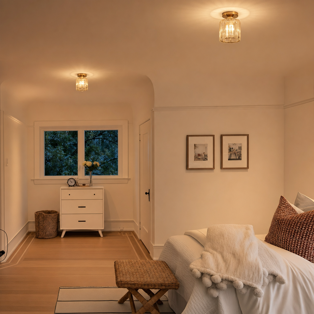 Modern Crystal Ceiling Light | Semi Flush Mount | E27 Base | Metal Varnished Fixture | Home Decor | Corridor Bedroom Kitchen Lighting
