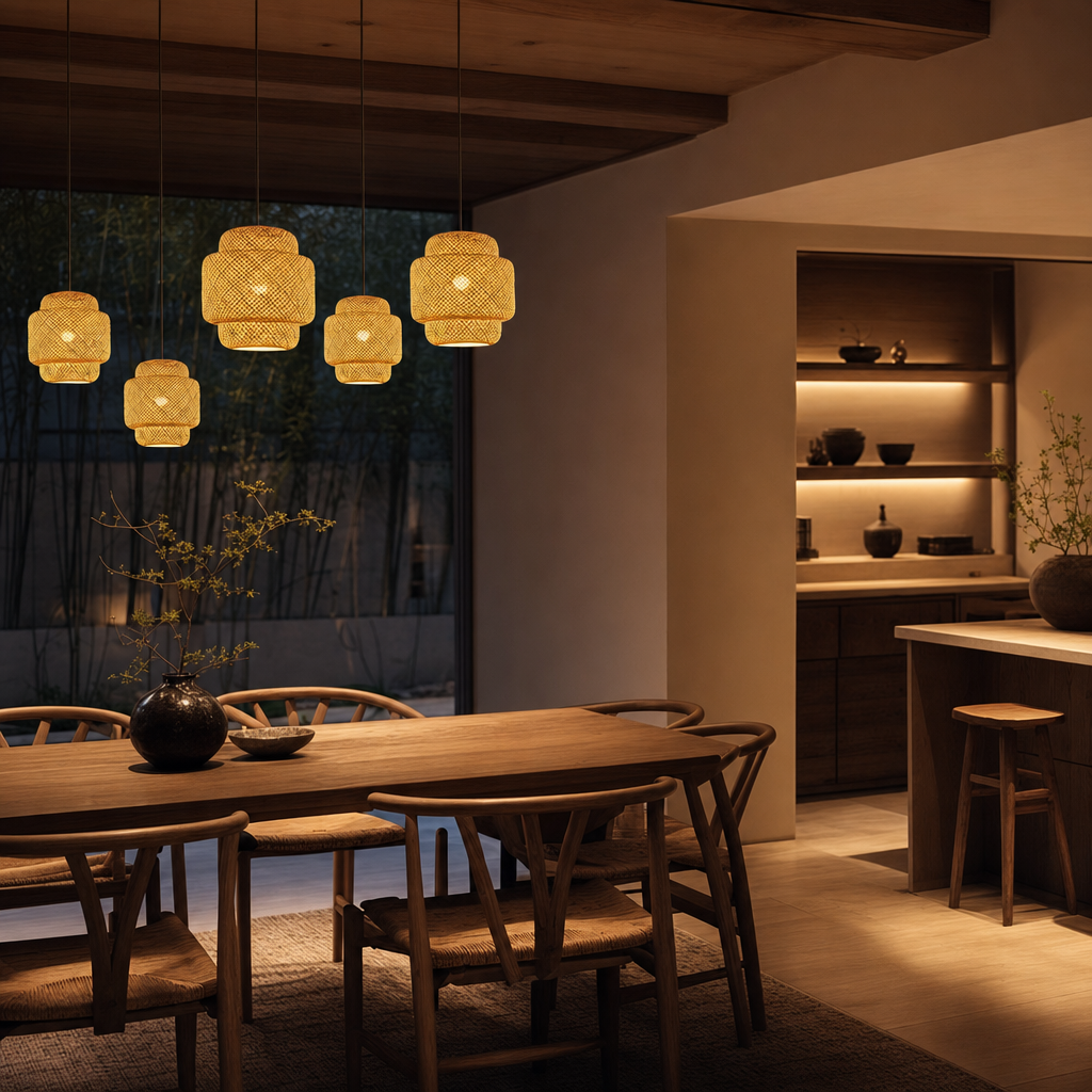 Rustic Bamboo Pendant Light | Zen Room Decor | Japanese Rattan Barrel Lantern | Vintage Art Lampshade | Polished Finish