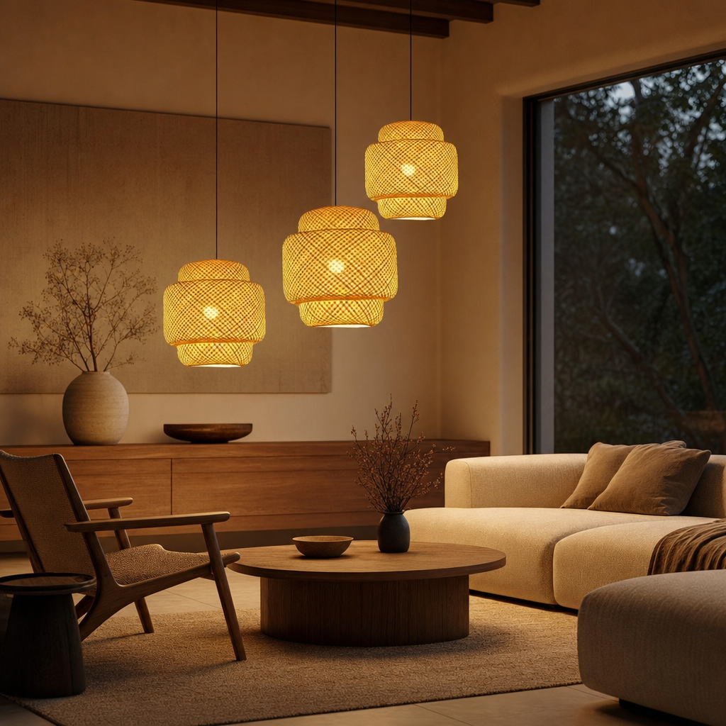 Rustic Bamboo Pendant Light | Zen Room Decor | Japanese Rattan Barrel Lantern | Vintage Art Lampshade | Polished Finish