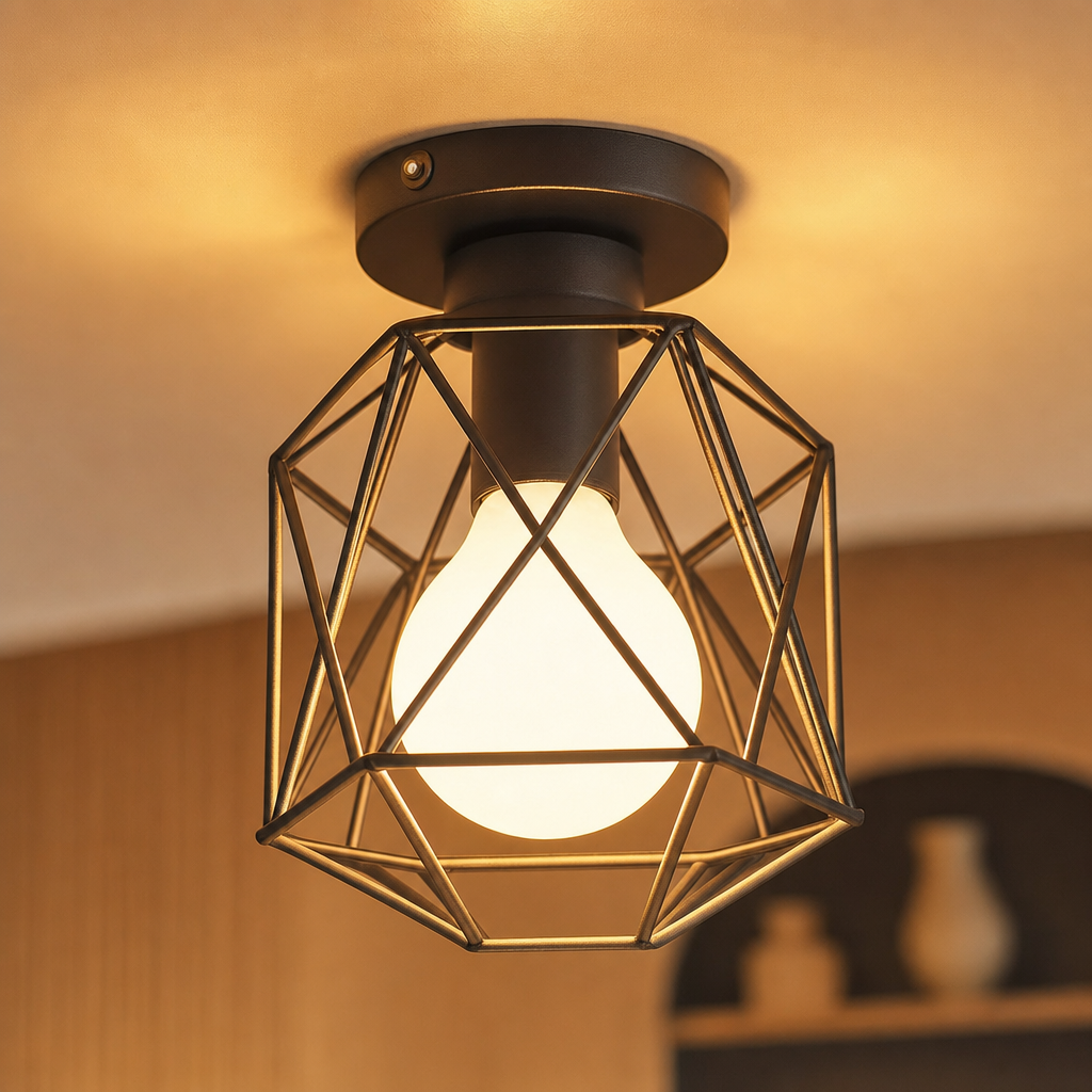 Modern Nordic Ceiling Light | Geometric Design | E27 Base | Kitchen Hallway Balcony Fixture | Hard-Wired | Varnished Iron