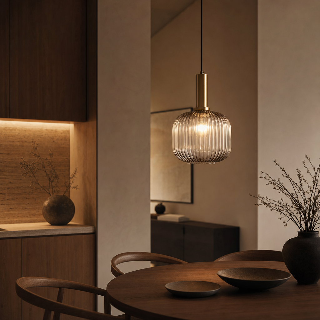 Modern Striped Glass Pendant Light | Kitchen Island Ceiling Fixture | Metal & Polished Finish | E26 Base