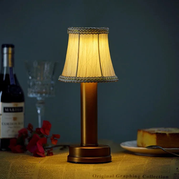 Cordless Rechargeable Fabric Table Lamp | Dimmable LED Light | Soft Atmosphere Lighting | Gold Finish | USB Charging | Portable Desk Lamp