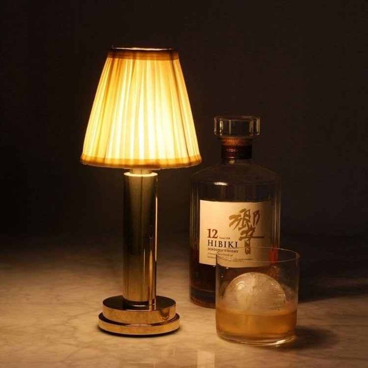 Cordless Rechargeable Fabric Table Lamp | Dimmable LED Light | Soft Atmosphere Lighting | Gold Finish | USB Charging | Portable Desk Lamp