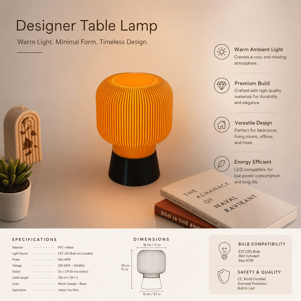 Ribbed Ambient Table Lamp | Smooth Finish | Cable Powered | E27 Bulb Included | Cozy Home Lighting