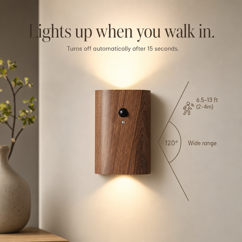 Walnut Wood Motion Sensor LED Wall Light – Rechargeable Up & Down Sconce