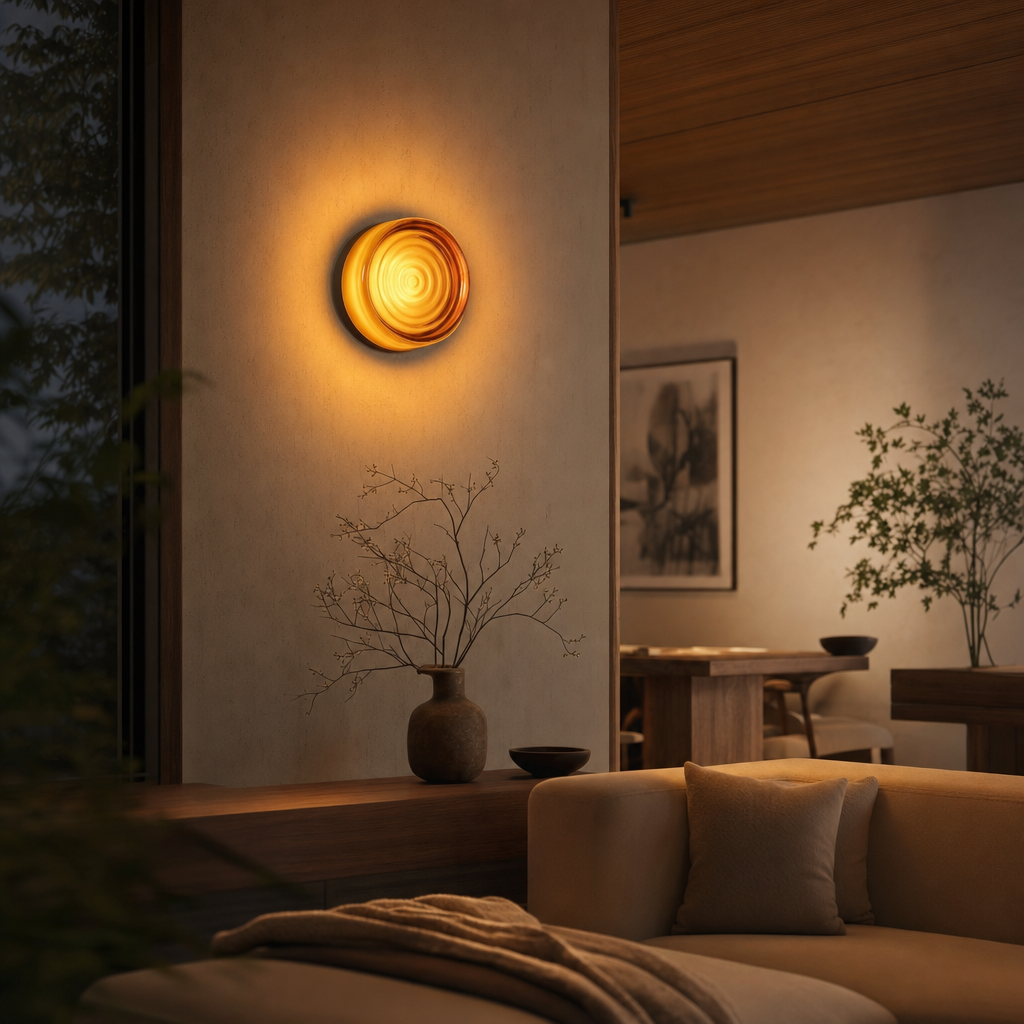 Amber Glass Wave Wall Light – Modern LED Round Sconce for Cozy Ambiance