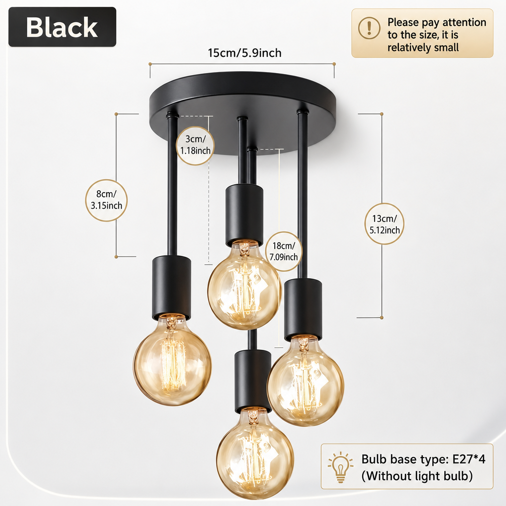 Modern Rustic Black 4-Light Ceiling Fixture | Semi Flush Mount Cast Iron | E27 Base | Varnished Finish | Ideal for Bedroom Dining Room