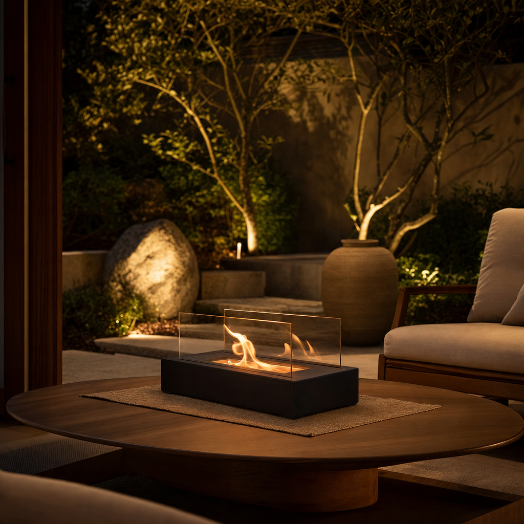 Rectangular Bioethanol Tabletop Fireplace | Modern Glass and Metal Design | Indoor/Outdoor Use | Black Finish | Smoke-Free Ambiance
