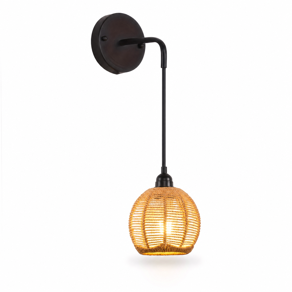 Bohemian Rattan Wall Lamp Set | Farmhouse Style Metal Sconce | Bedroom Living Hallway Decor