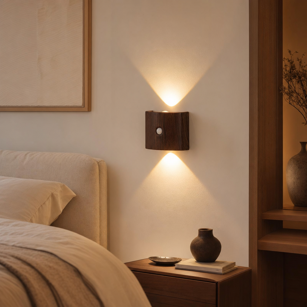 Smart LED Motion Sensor Night Light | Adjustable Brightness & 3 Colors | Wood or Walnut Finish | Battery Powered for Bedroom & Hallway
