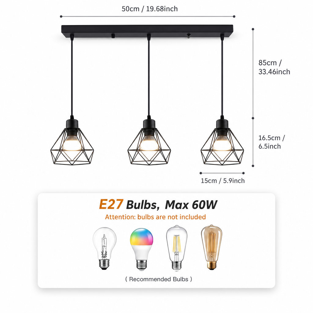 Black Industrial 3-Light Metal Cage Pendant | E27 Base | Varnished Iron Lighting for Kitchen Bar Counter | Hard-Wired | Modern Style