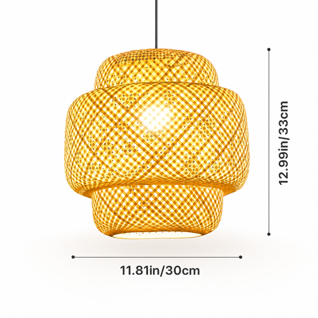 Rustic Bamboo Pendant Light | Zen Room Decor | Japanese Rattan Barrel Lantern | Vintage Art Lampshade | Polished Finish