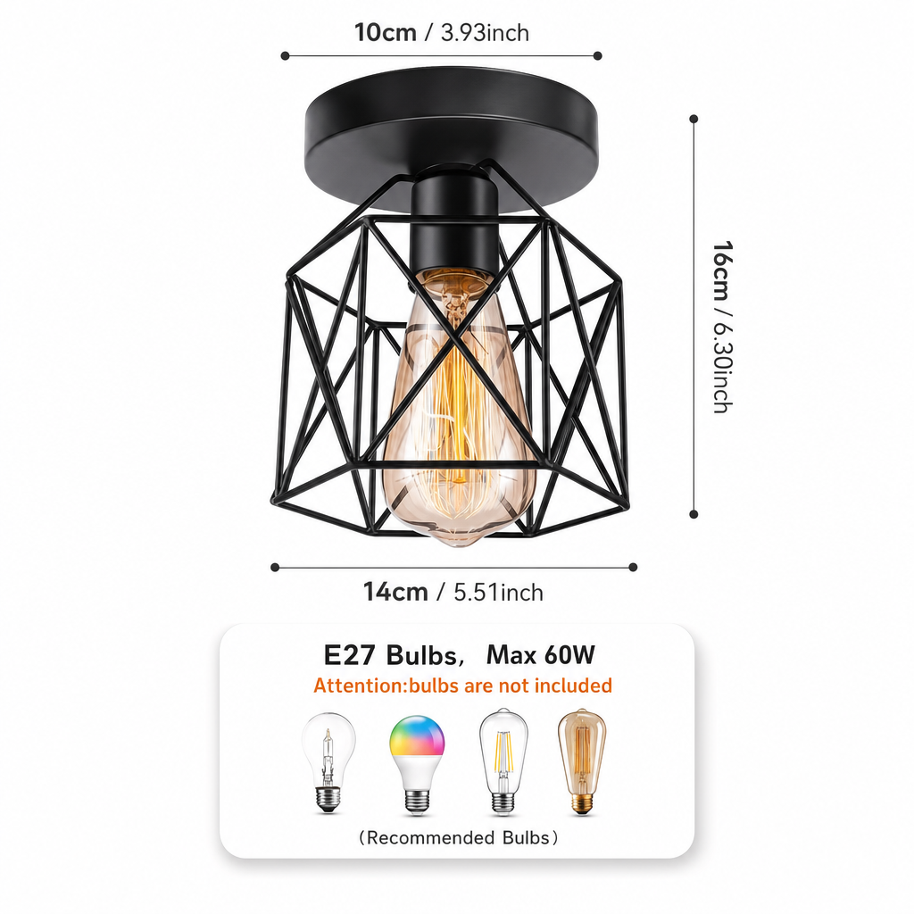 Modern Nordic Ceiling Light | Geometric Design | E27 Base | Kitchen Hallway Balcony Fixture | Hard-Wired | Varnished Iron