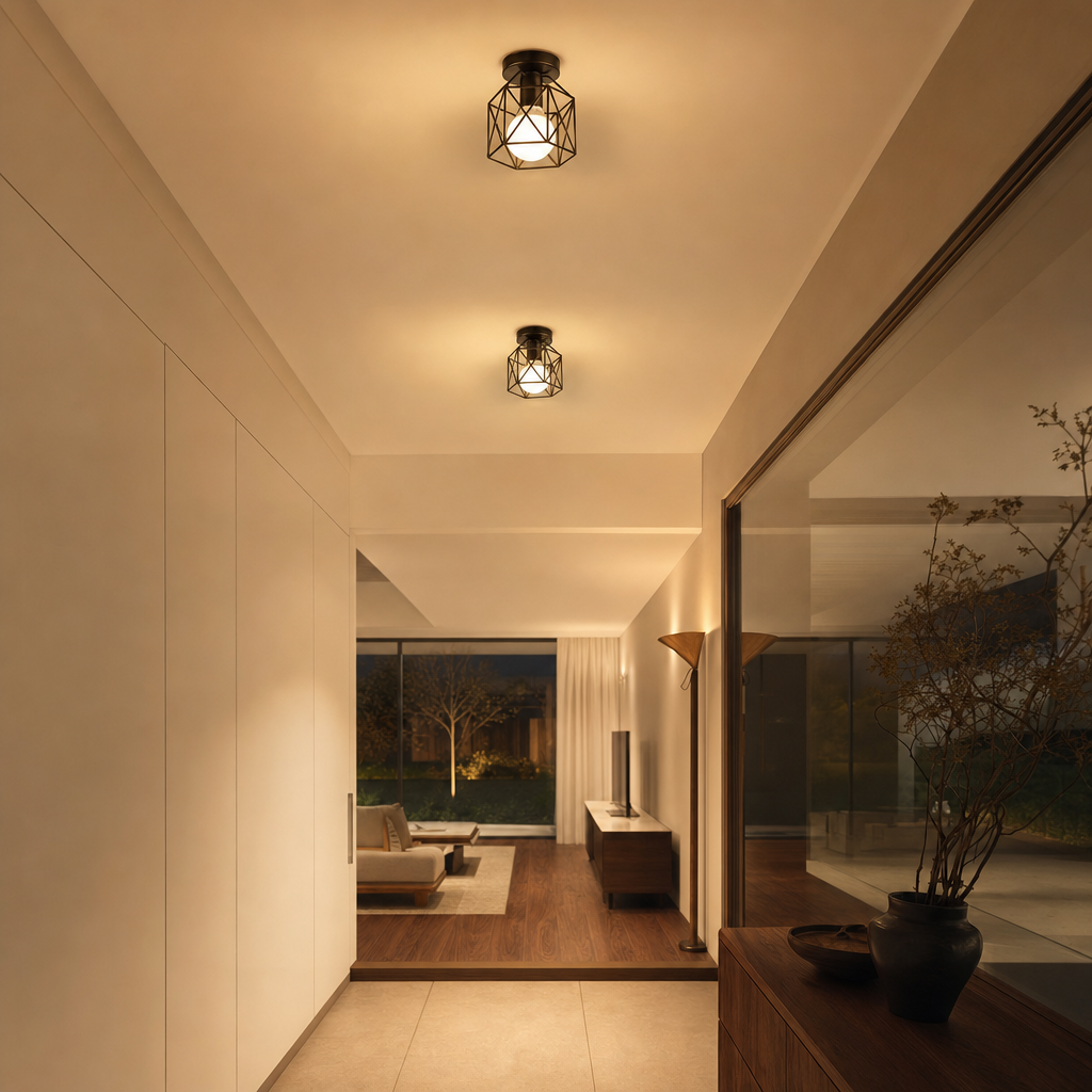 Modern Nordic Ceiling Light | Geometric Design | E27 Base | Kitchen Hallway Balcony Fixture | Hard-Wired | Varnished Iron