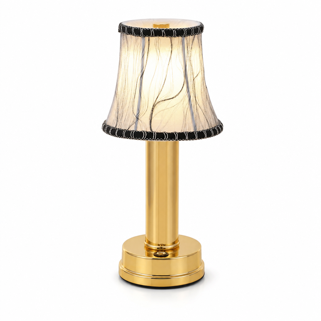 Cordless Rechargeable Fabric Table Lamp | Dimmable LED Light | Soft Atmosphere Lighting | Gold Finish | USB Charging | Portable Desk Lamp