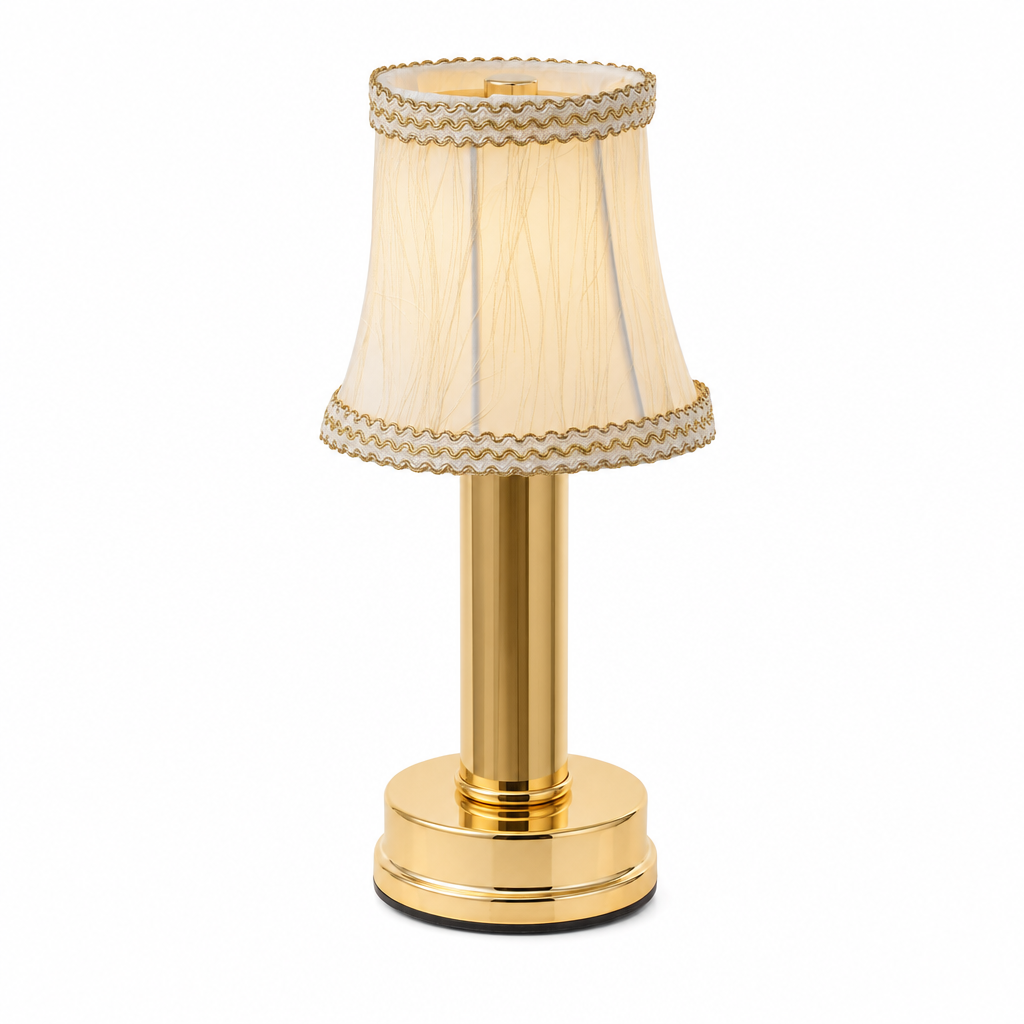 Cordless Rechargeable Fabric Table Lamp | Dimmable LED Light | Soft Atmosphere Lighting | Gold Finish | USB Charging | Portable Desk Lamp
