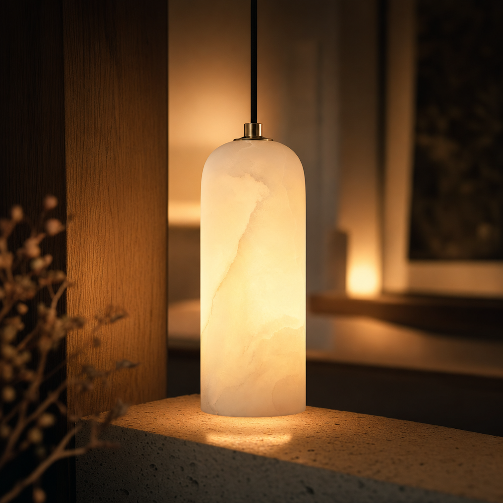 Alabaster Shade Pendant Light | Mid-Century Modern Design | Brass Finish | E26 LED Compatible | Indoor Hanging Lamp